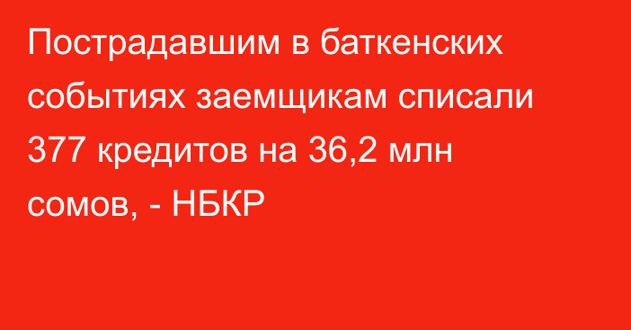 Пострадавшим в баткенских событиях заемщикам списали 377 кредитов на 36,2 млн сомов, - НБКР