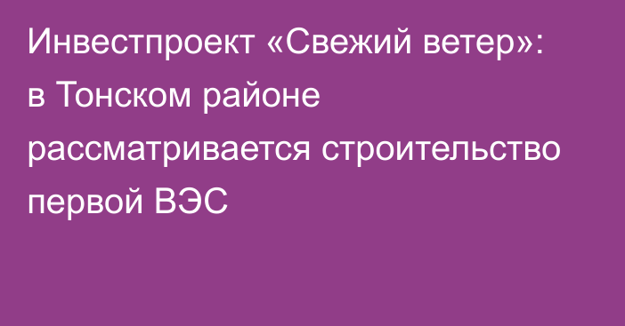 Инвестпроект «Свежий ветер»: в Тонском районе рассматривается строительство первой ВЭС