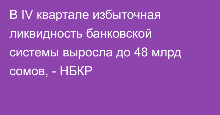 В IV квартале избыточная ликвидность банковской системы выросла до 48 млрд сомов, - НБКР