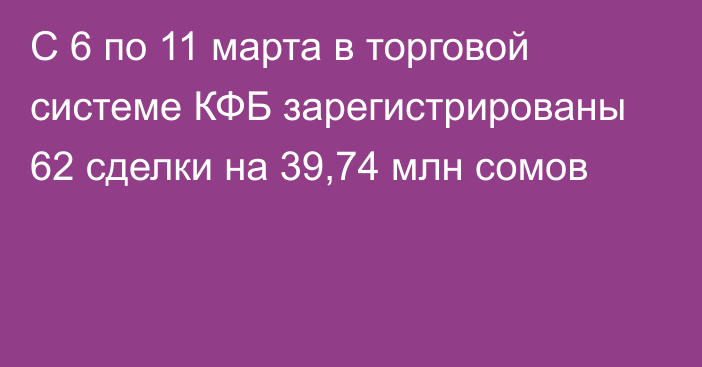 С 6 по 11 марта в торговой системе КФБ зарегистрированы 62 сделки на 39,74 млн сомов