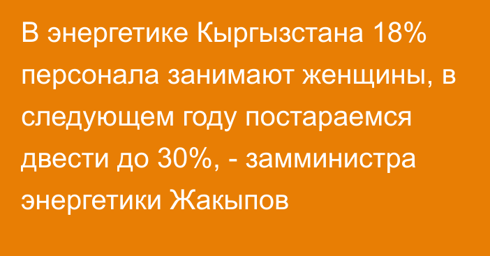 В энергетике Кыргызстана 18% персонала занимают женщины, в следующем году постараемся двести до 30%, - замминистра энергетики Жакыпов