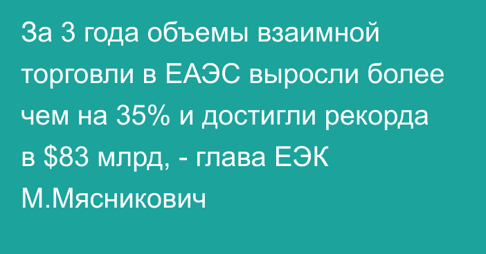 За 3 года объемы взаимной торговли в ЕАЭС выросли более чем на 35% и достигли рекорда в $83 млрд, - глава ЕЭК М.Мясникович