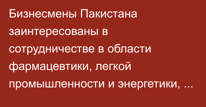 Бизнесмены Пакистана заинтересованы в сотрудничестве в области фармацевтики, легкой промышленности и энергетики, - кабмин