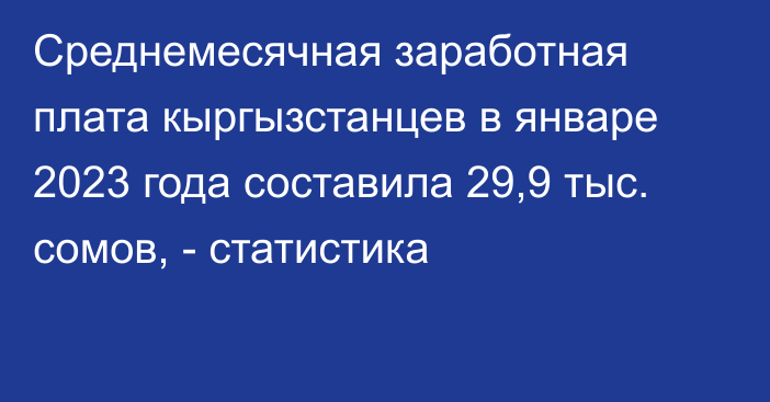 Среднемесячная заработная плата кыргызстанцев в январе 2023 года составила 29,9 тыс. сомов, - статистика