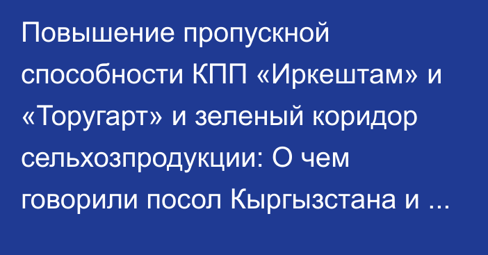 Повышение пропускной способности КПП «Иркештам» и «Торугарт» и зеленый коридор сельхозпродукции: О чем говорили посол Кыргызстана и член Политбюро ЦК КП Китая?