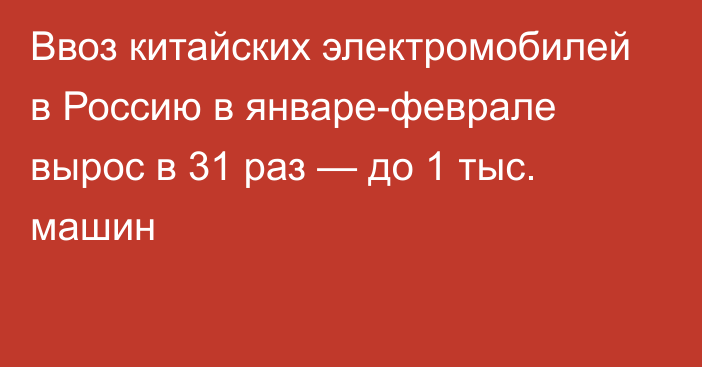 Ввоз китайских электромобилей в Россию в январе-феврале вырос в 31 раз — до 1 тыс. машин