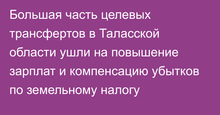 Большая часть целевых трансфертов в Таласской области ушли на повышение зарплат и компенсацию убытков по земельному налогу