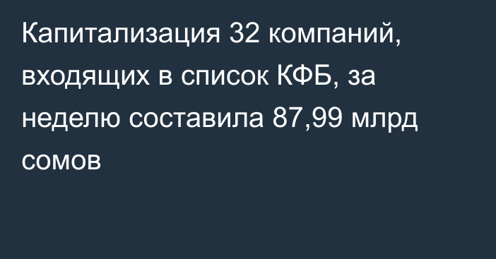 Капитализация 32 компаний, входящих в список КФБ, за неделю составила 87,99 млрд сомов