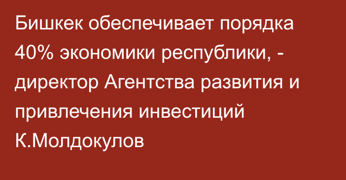 Бишкек обеспечивает порядка 40% экономики республики, - директор Агентства развития и привлечения инвестиций К.Молдокулов