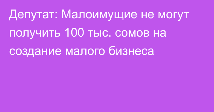 Депутат: Малоимущие не могут получить 100 тыс. сомов на создание малого бизнеса