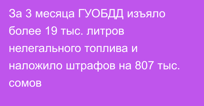 За 3 месяца ГУОБДД изъяло более 19 тыс. литров нелегального топлива и наложило штрафов на 807 тыс. сомов