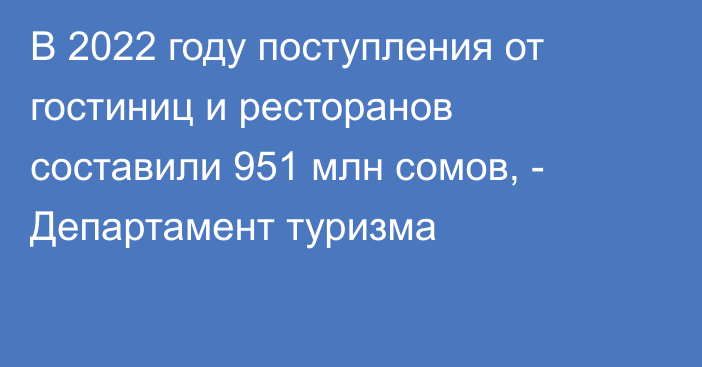 В 2022 году поступления от гостиниц и ресторанов составили 951 млн сомов, - Департамент туризма