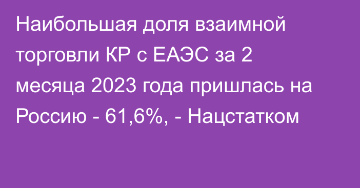 Наибольшая доля взаимной торговли КР с ЕАЭС за 2 месяца 2023 года пришлась на Россию - 61,6%, - Нацстатком