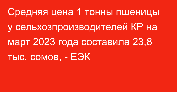 Средняя цена 1 тонны пшеницы у сельхозпроизводителей КР на март 2023 года составила 23,8 тыс. сомов, - ЕЭК