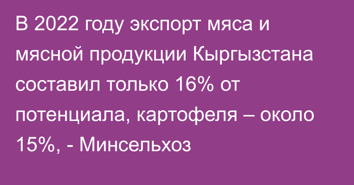 В 2022 году экспорт мяса и мясной продукции Кыргызстана составил только 16% от потенциала, картофеля – около 15%, - Минсельхоз