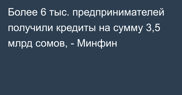 Более 6 тыс. предпринимателей получили кредиты на сумму 3,5 млрд сомов, - Минфин