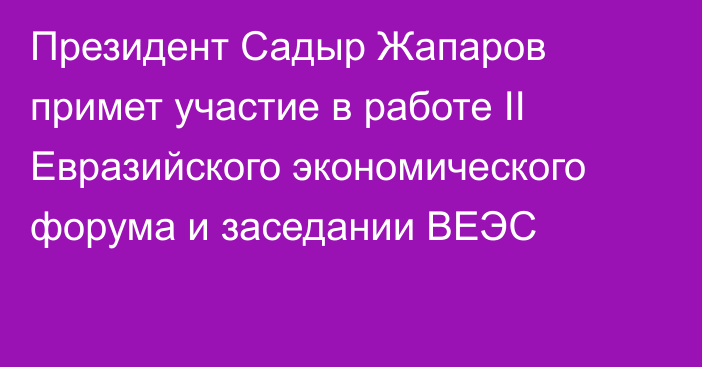 Президент Садыр Жапаров примет участие в работе II Евразийского экономического форума и заседании ВЕЭС