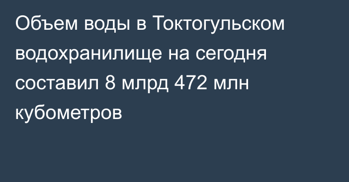 Объем воды в Токтогульском водохранилище на сегодня составил 8 млрд 472 млн кубометров