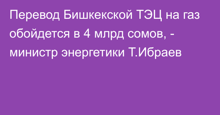 Перевод Бишкекской ТЭЦ на газ обойдется в 4 млрд сомов, - министр энергетики Т.Ибраев