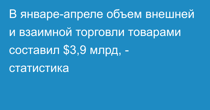 В январе-апреле объем внешней и взаимной торговли товарами составил $3,9 млрд, - статистика