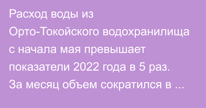 Расход воды из Орто-Токойского водохранилища с начала мая превышает показатели 2022 года в 5 раз. За месяц объем сократился в два раза (график)