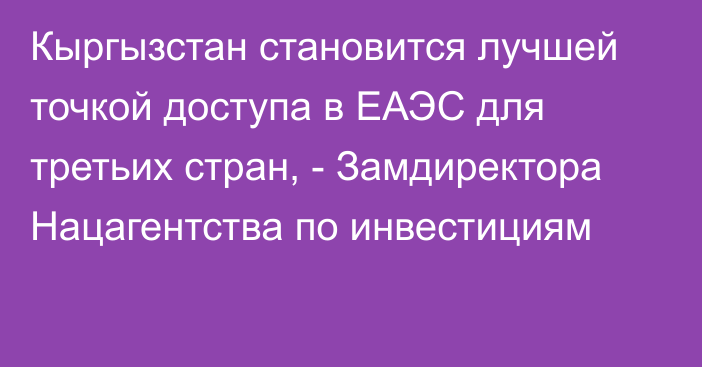 Кыргызстан становится лучшей точкой доступа в ЕАЭС для третьих стран, - Замдиректора Нацагентства по инвестициям