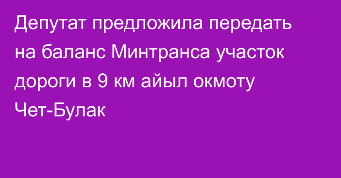 Депутат предложила передать на баланс Минтранса участок дороги в 9 км айыл окмоту Чет-Булак