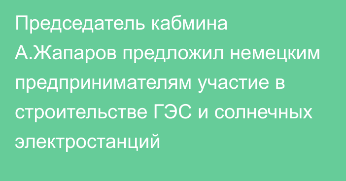 Председатель кабмина А.Жапаров предложил немецким предпринимателям участие в строительстве ГЭС и солнечных электростанций