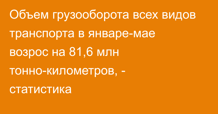 Объем грузооборота всех видов транспорта в январе-мае возрос на 81,6 млн тонно-километров, - статистика