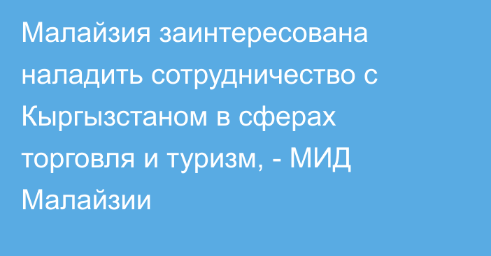 Малайзия заинтересована наладить сотрудничество с Кыргызстаном в сферах торговля и туризм, - МИД Малайзии