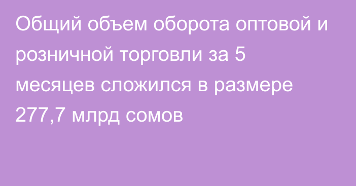 Общий объем оборота оптовой и розничной торговли за 5 месяцев сложился в размере 277,7 млрд сомов