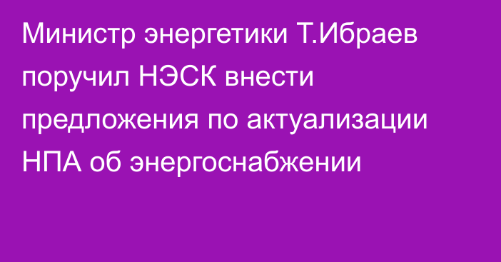 Министр энергетики Т.Ибраев поручил НЭСК внести предложения  по актуализации НПА об энергоснабжении