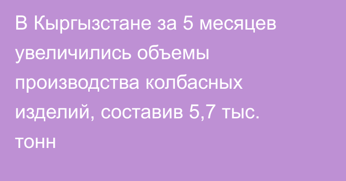 В Кыргызстане за 5 месяцев увеличились объемы производства колбасных изделий, составив 5,7 тыс. тонн