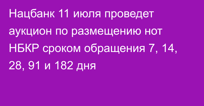 Нацбанк 11 июля проведет аукцион по размещению нот НБКР сроком обращения 7, 14, 28, 91 и 182 дня