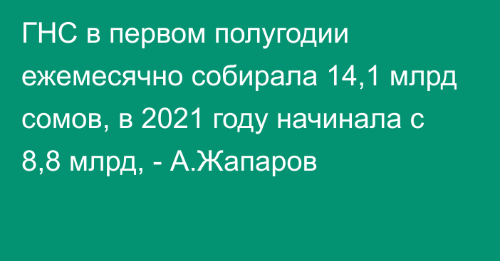 ГНС в первом полугодии ежемесячно собирала 14,1 млрд сомов, в 2021 году начинала с 8,8 млрд, - А.Жапаров