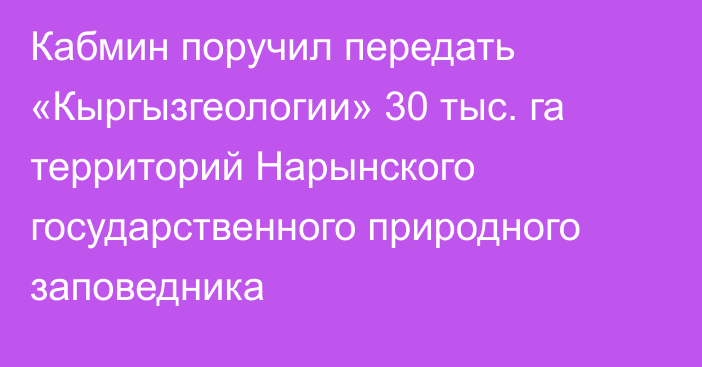 Кабмин поручил передать «Кыргызгеологии» 30 тыс. га территорий Нарынского государственного природного заповедника