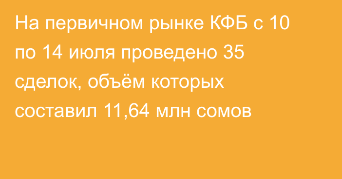 На первичном рынке КФБ с 10 по 14 июля проведено 35 сделок, объём которых составил 11,64 млн сомов