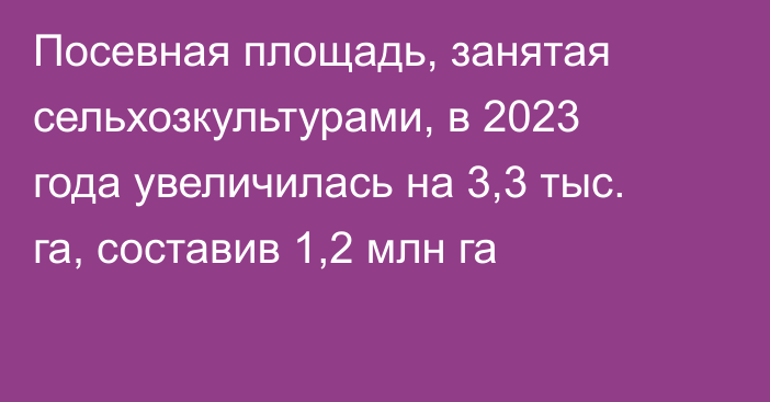 Посевная площадь, занятая сельхозкультурами, в 2023 года увеличилась на 3,3 тыс. га, составив 1,2 млн га