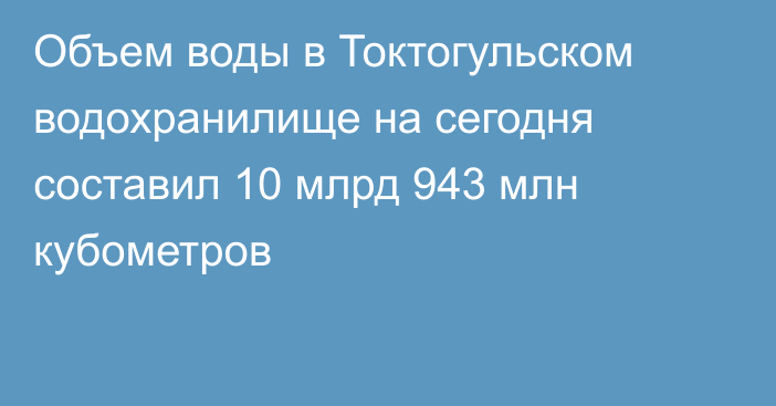 Объем воды в Токтогульском водохранилище на сегодня составил 10 млрд 943 млн кубометров