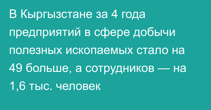 В Кыргызстане за 4 года предприятий в сфере добычи полезных ископаемых стало на 49 больше, а сотрудников — на 1,6 тыс. человек