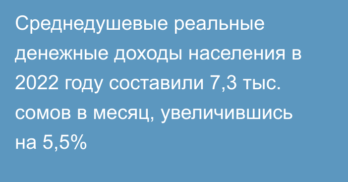 Среднедушевые реальные денежные доходы населения в 2022 году составили 7,3 тыс. сомов в месяц, увеличившись на 5,5%