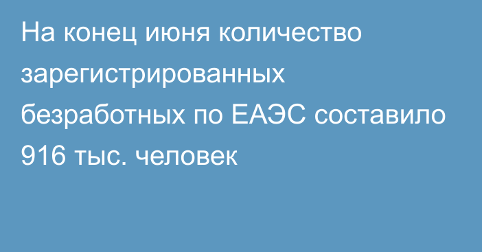 На конец июня количество зарегистрированных безработных по ЕАЭС составило 916 тыс. человек