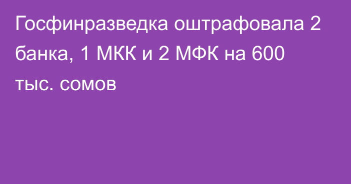 Госфинразведка оштрафовала 2 банка, 1 МКК и 2 МФК на 600 тыс. сомов