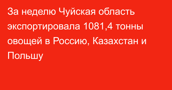 За неделю Чуйская область экспортировала 1081,4 тонны овощей в Россию, Казахстан и Польшу