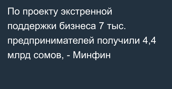 По проекту экстренной поддержки бизнеса 7 тыс. предпринимателей получили 4,4 млрд сомов, - Минфин