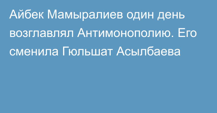 Айбек Мамыралиев  один день возглавлял Антимонополию. Его сменила Гюльшат Асылбаева