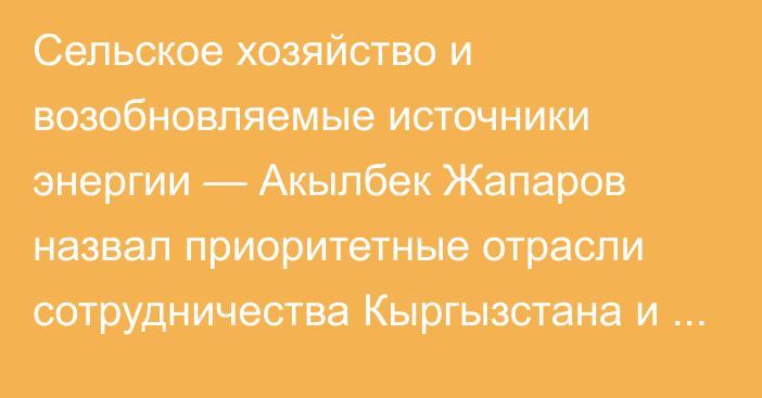 Сельское хозяйство и возобновляемые источники энергии — Акылбек Жапаров назвал приоритетные отрасли сотрудничества Кыргызстана и провинции Шаньдун