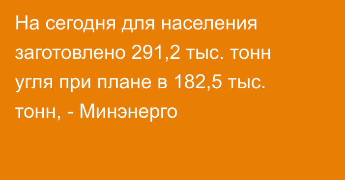 На сегодня для населения заготовлено 291,2 тыс. тонн угля при плане в 182,5 тыс. тонн, - Минэнерго 