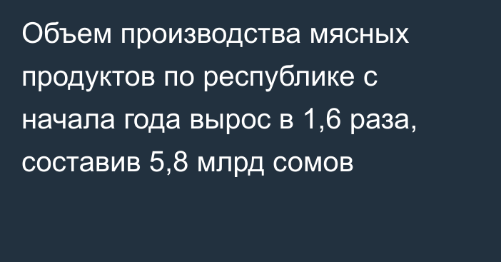 Объем производства мясных продуктов по республике с начала года вырос в 1,6 раза, составив 5,8 млрд сомов