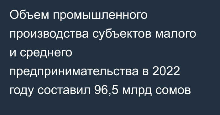 Объем промышленного производства субъектов малого и среднего предпринимательства в 2022 году составил 96,5 млрд сомов